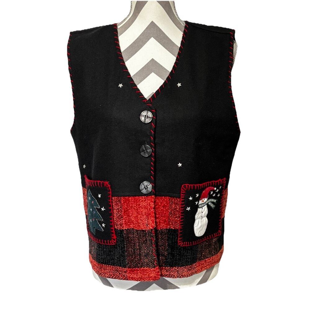 Christmas Vest Sweater Medium Black Snowman Tree Black Red Wool Blend Classic